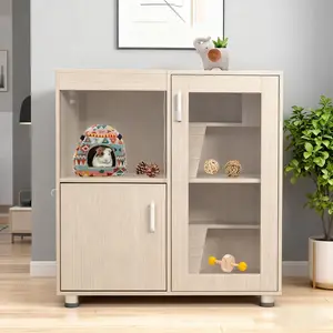 Guinea Pig Cages with Storage Cabinet, Wood Large Hamster Habitat,Hedgehog Cage with Acrylic Sheets and Openable Top,Small Animal Cage for Hedgehog Mouse Gerbil (Wood, 33.5 inch)