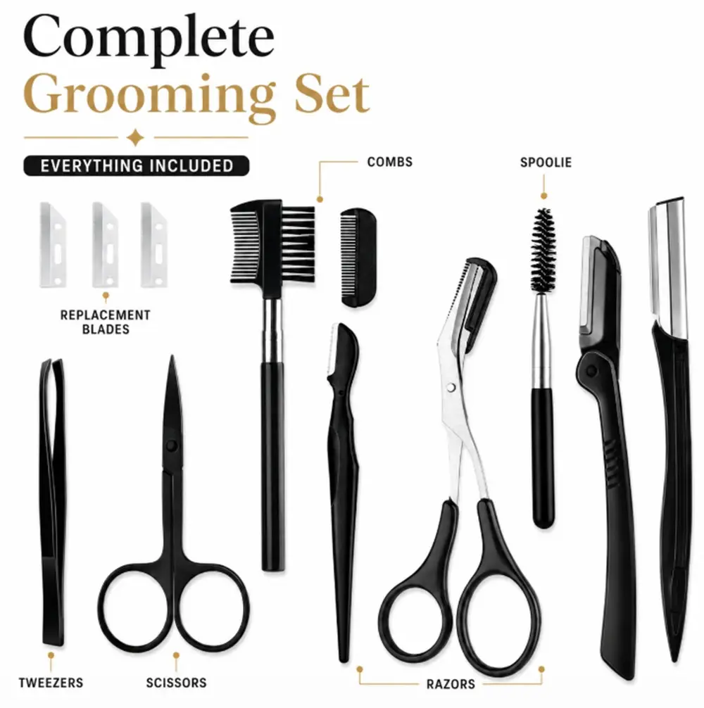 TIKA 12-in-1 Eyebrow Grooming Kit for Trimming, Shaping, Dermaplaning and Facial Exfoliating, Tool Set for Men and Women