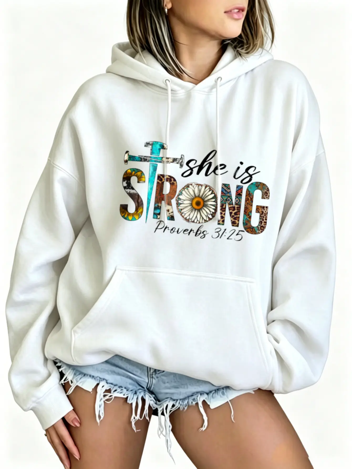 She Is Strong Graphic Hoodie Women Front Back Printed Christian Sweatshirt Proverbs 31 25 Turquoise Daisy Cross Leopard Western Aesthetic Faith Apparel Soft Loose Fit Hooded Tops White Fall Outfits Gift