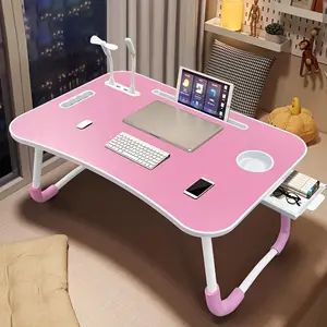 Stylish & Sturdy Foldable Computer Stand with Built-in Cup Holder, Organizer Drawer, USB Hub, Quiet Fan & Adjustable Light – Ideal for Home Office, Gaming, or Reading in Bed – Compact & Lightweight