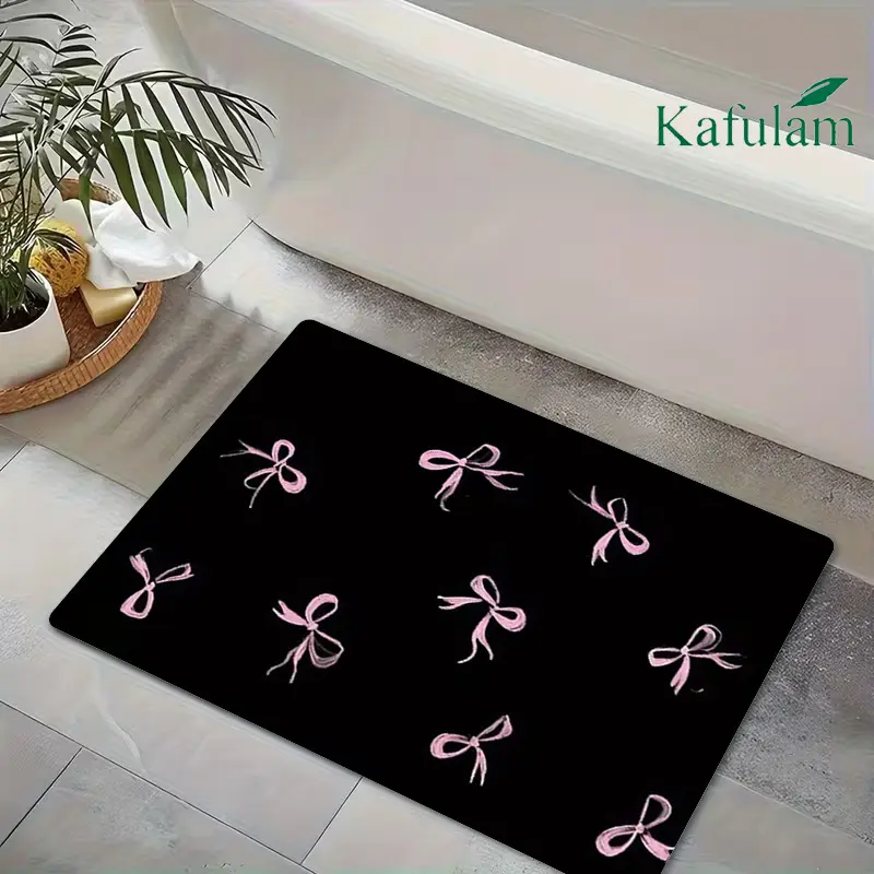 1pc Rectangle Black Flannel Bath Mat with Pink Bows, Soft, Machine Washable, 15.75*23.62in, Home Supplies for Bathroom, Bedroom Indoors Use on Bath (Spring & Summer), Comfortable