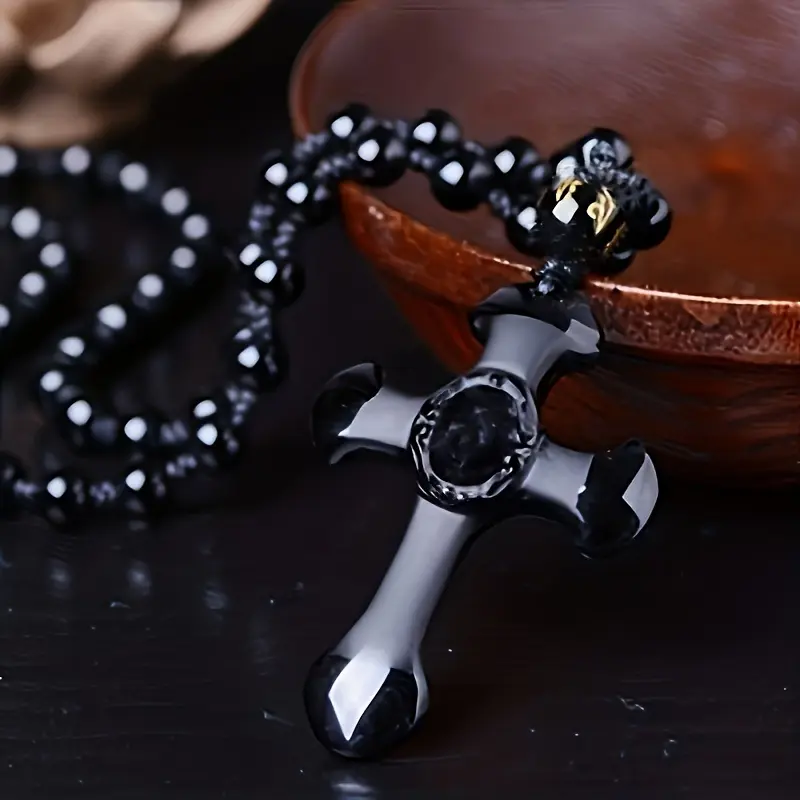Unisex Obsidian Cross Pendant Necklace with Beading Detail, Long Length Black Synthetic Gem Chain, Ideal for Birthday Gift Ideas, Unisex Wear