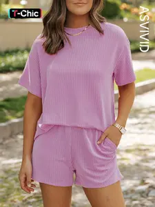 Women's Solid Twisted Ribbed Knit Textured Pocket Shorts Set, Casual Short Sleeve T-shirt & Elastic Waist Shorts, Ladies Summer Clothes for Daily Wear