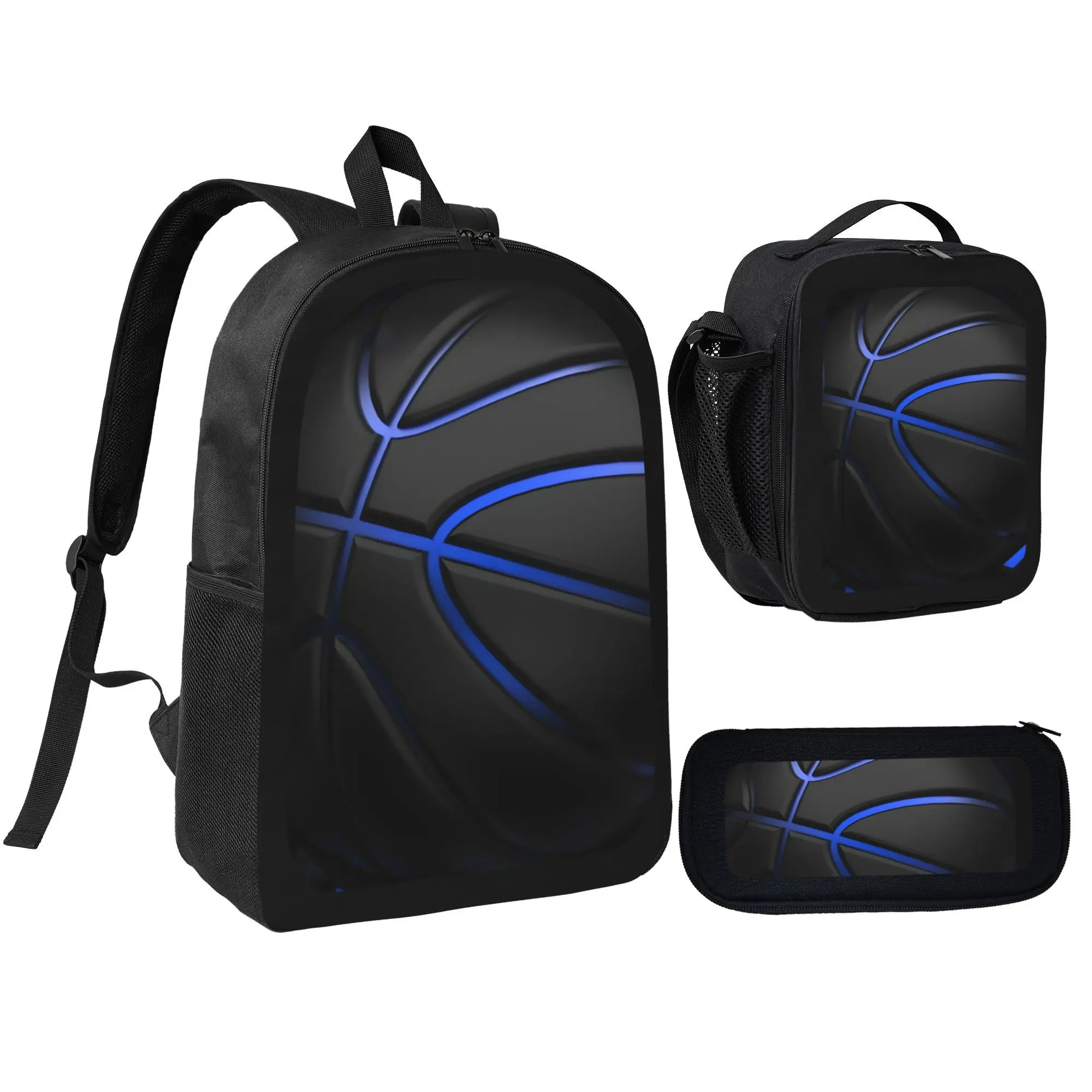 Kids' 3-Piece Athletic Blue Basketball Backpack Set - Durable School & Sports Gym Bag with Heat-Insulating Lunch Box, Pencil Case for Children