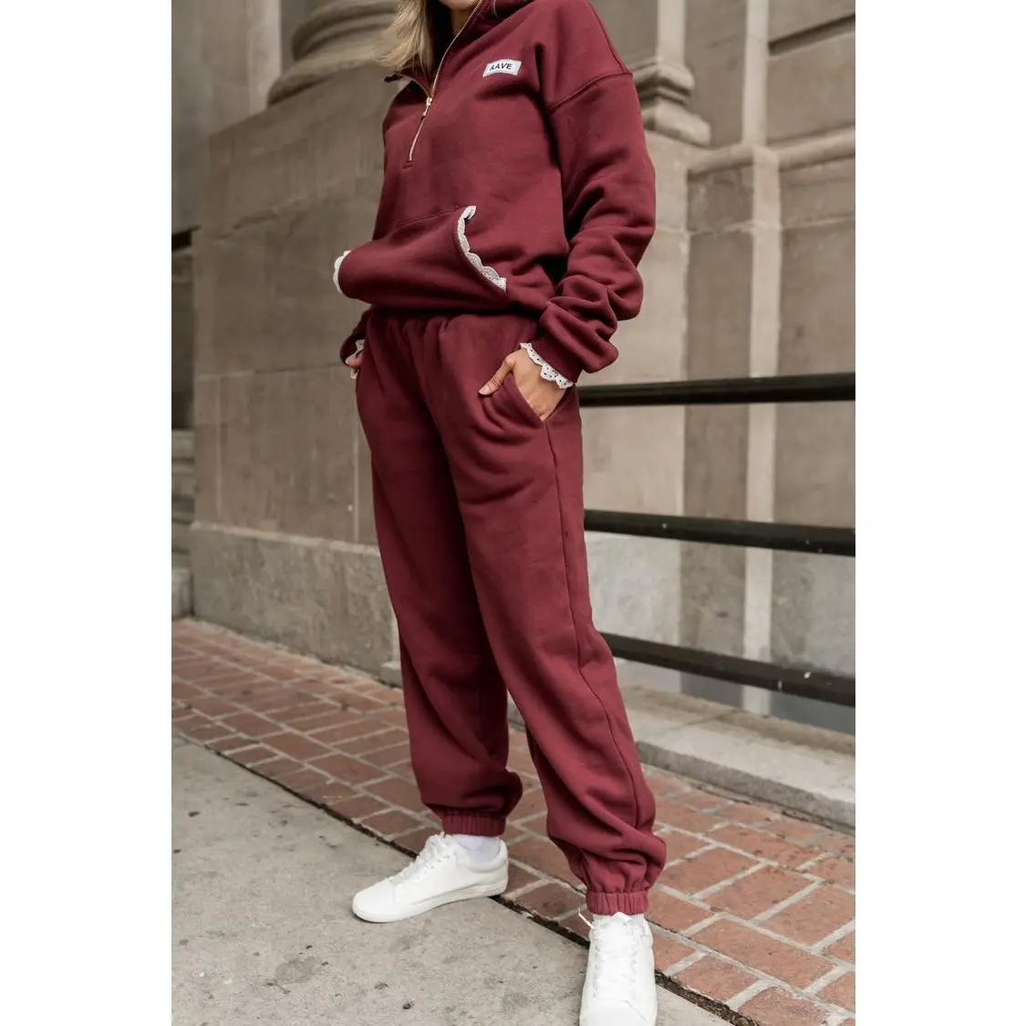 Women's Fleece Lined Everyday Jogger Pant - Maroon Cotton Trousers with Lace Accent Pocket, Medium Stretch Fabric, Comfort Zone Style
