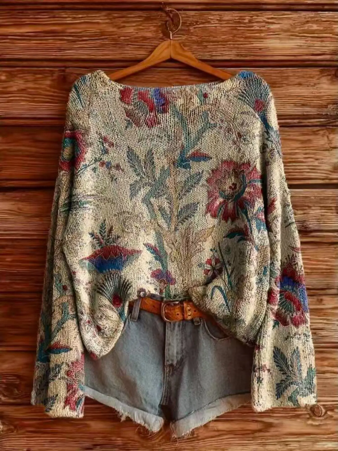 Women's Floral Print Top, Elegant Casual Loose-Fit Crew Neck Long Sleeve Aesthetic Casual Knitwear Sweater, Breathable and Lightweight, Perfect for Spring & Fall Outdoors