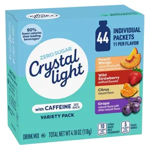 Crystal Light Energizing Drink Mix with Caffeine Variety Pack, 44 Packets for On-the-Go Hydration, Peach Mango, Wild Strawberry, Citrus, Grape, Naturally and Artificially Flavored, Zero Sugar, 4.18 oz Beverage