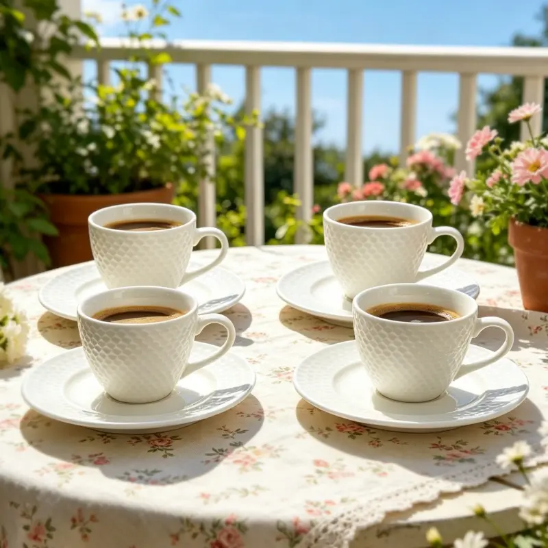 Set of four coffee cups and saucers with an embossed texture, pure white golf-patterned ceramic afternoon tea cups, complete home tea set