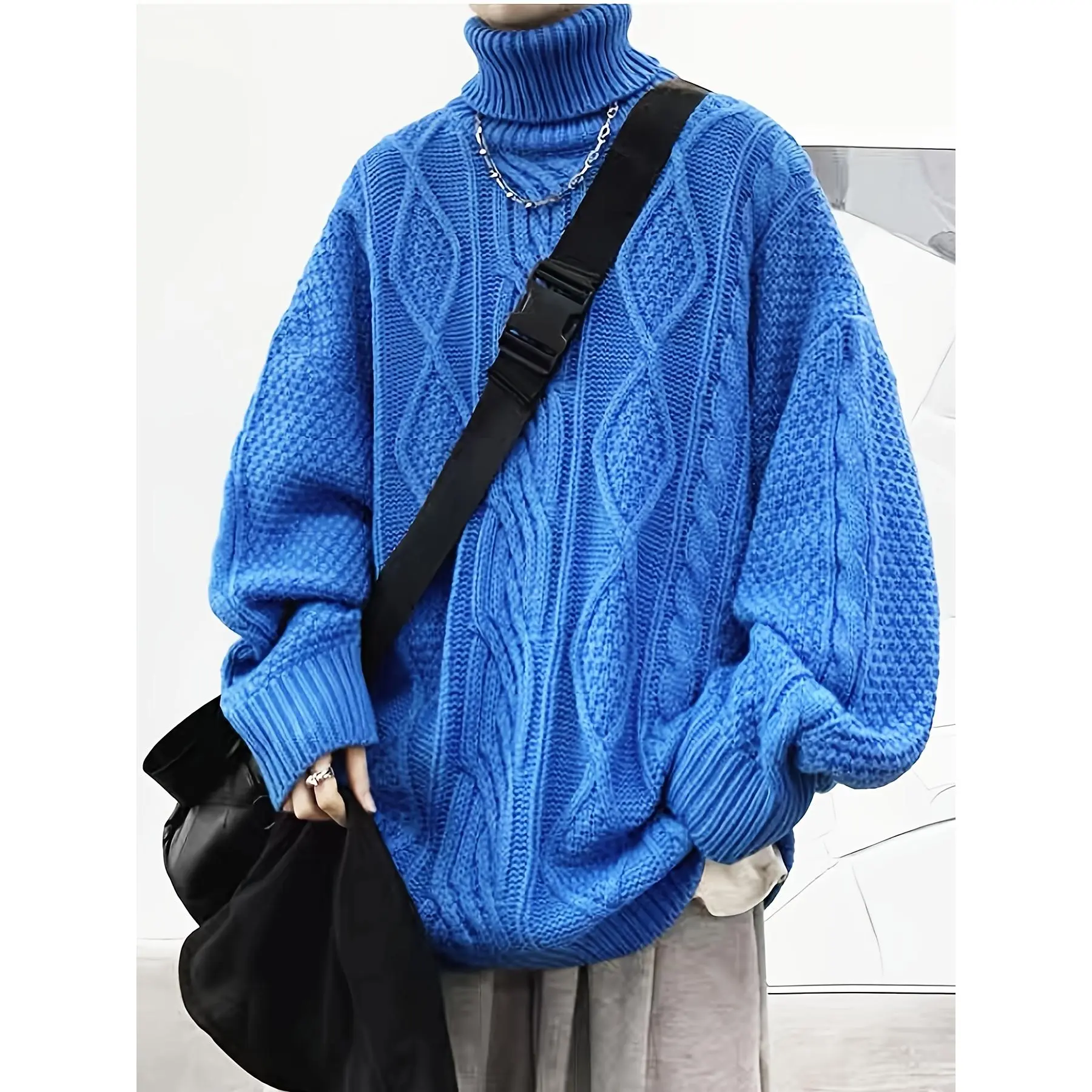 [Men's 100% Acrylic Turtleneck Oversized Pullover Tops] - Basic High Neck Knit Fabric, Casual Solid Color, Slight Stretch, Regular Fit for Fall-Winter, Plus Size