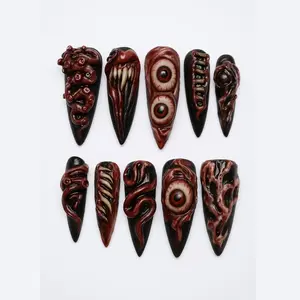 Handmade Horror Gory 3D Press On Nails - Bloody Eye Tentacle Teeth Monster Art - Spooky Halloween Party Stiletto False Nails - Custom Gothic Macabre Fake Nail Set for Creepy Cosplay & Spooky Season