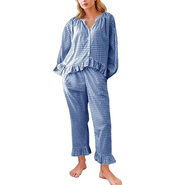 Womens Plaid 2 Piece Pajamas, Cotton Pyjamas Gingham Nightwear,  Ruffle Long Sleeve Shirt Elastic Waist Pant Loungewear, Homewear with Pockets Casual Pjs Womenswear