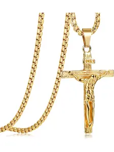 Cross Necklace for Men Women Stainless Steel Jesus Crucifix Cross Pendant Venetian Chain 61 CM Silver/Gold/Black Religious Jewellery Gift