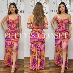 Priscilla Off Shoulder Corset Mesh Maxi Dres