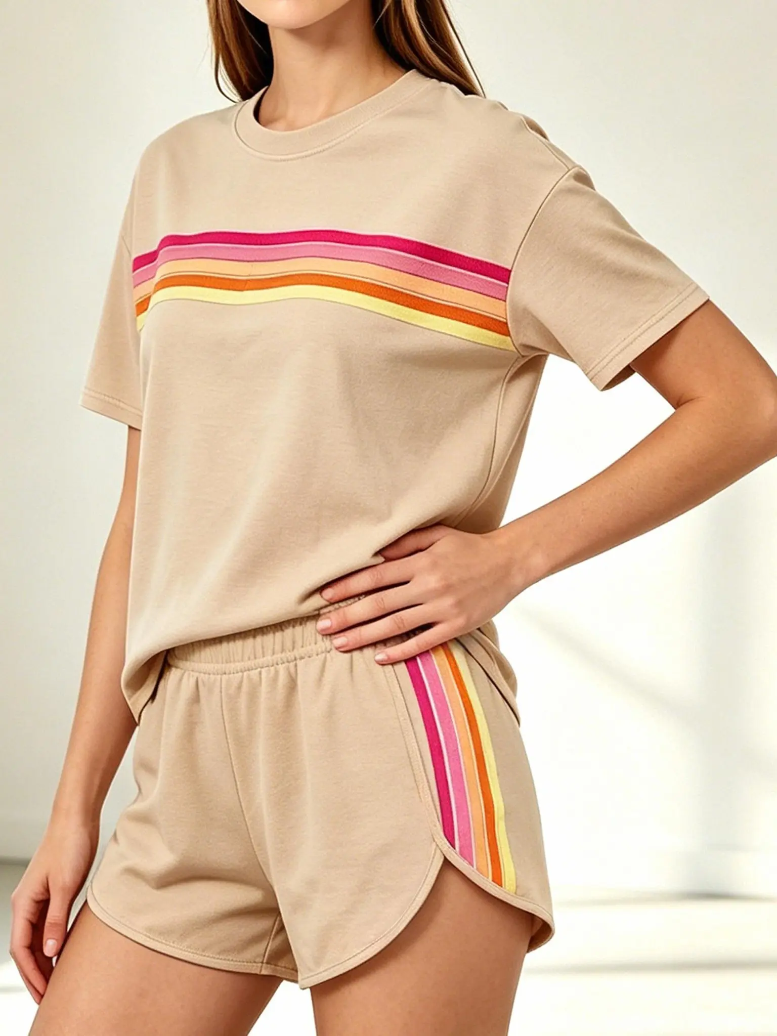 Women's 2-Piece Elastic Rainbow Striped Crew Neck Short-Sleeve Top & Shorts Set with Pockets, Polyester Comfy Casual Sporty Chic Resort Beach Outfit, Women 2 Piece Sets, Ootd Ideas, Outfit Inspiration, Fade‑Resist Stripes, Two-Pieces