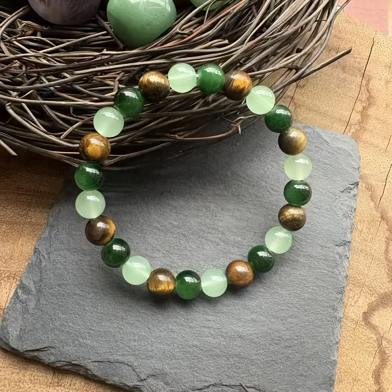 Green Aventurine, Moss Agate & Tiger’s Eye Stretch Bracelet, Stone Crystal Beaded Jewelry for Luck, Courage & Wealth, Unisex Gift for Women and Men