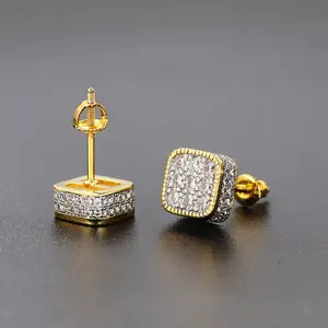 【PANG Jewelry】Street Square Hip-Hop Stud Earrings  Full Diamond Zircon Micro-Inlaid Color-Separated Electroplated Threaded Stud Earrings Jewelry