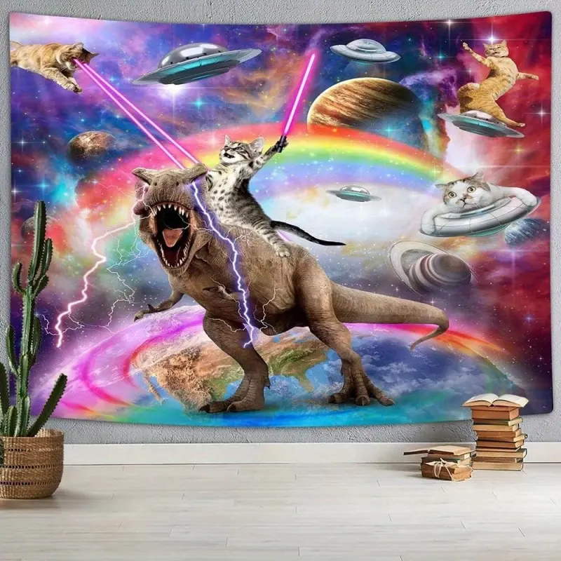 1pc Funky Space Cat Riding Dinosaur Tapestry - Vibrant Galaxy Adventure Wall Hanging, Decorative Tapestry, Horizontal Wall Tapestry Hanging, Wall Decor For Bedroom, Living Room