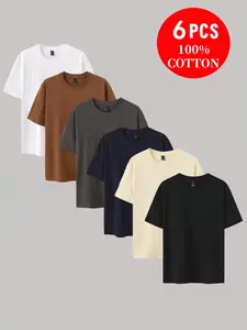 Men's 6-Pack 100% Cotton Crew Neck T-Shirts, Soft Basic Short Sleeve Tees for Daily Wear, Casual Fitted Graphic Shirts