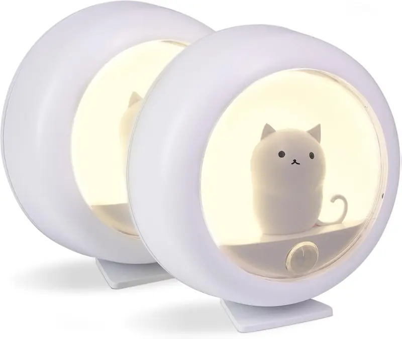 [New deal] - Cat Motion  Night Light, Cute Cat Magnetic LED Rechargeable Lamp with Dimmable, Portable Room Bedroom Bathroom Kitchen Wardrobe Stair Locker Wall Decor Lamp for Kid Teen(White x 2)
