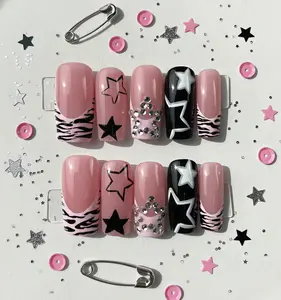Y2K Pink Zebra Print Press On Nails, Gothic Star Rhinestone Set