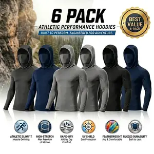 6-Pack Men's Hooded Performance Shirts with Integrated Face Mask - UV Protection, Moisture-Wicking, Breathable Long Sleeve Gym & Outdoor Athletic Tees