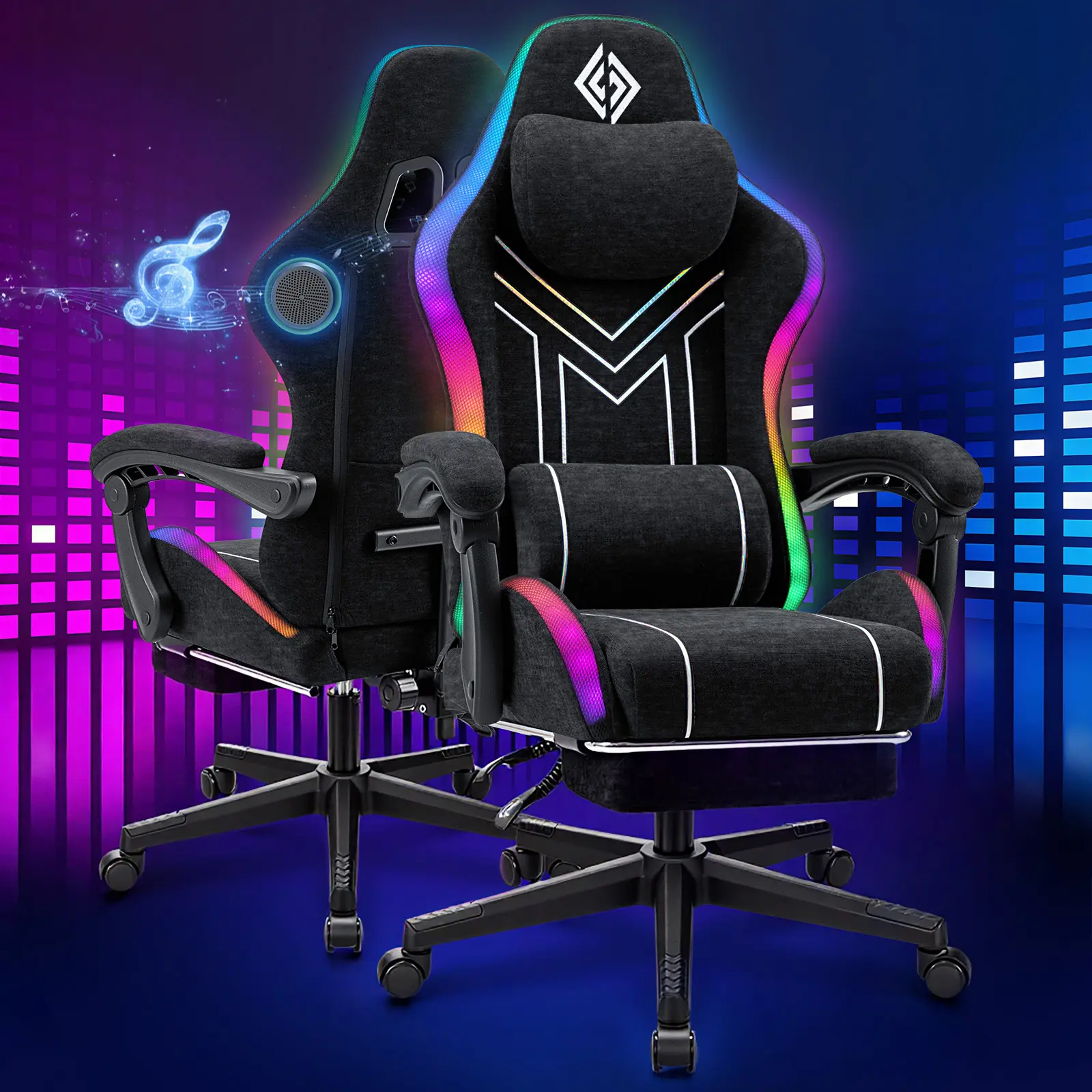 HOFFREE RGB Gaming Chair with Music Rhythm LED Lights and Bluetooth Speakers Fabric Ergonomic Game Chair 155° Reclining Computer Chair with Footrest Video Game Chairs for Adults Gaming & Office Black