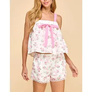 Womens Summer Pajama Sets 2 Piece Outfits Ruffle Trim Top and Shorts  Loungewear Set