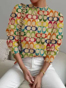 Women's Colorful Geometric Pattern Fitted Stand Collar Short Sweater Pullover, Fall Winter Casual Long Sleeve Knitwear, Comfortable Warm Daily Wear, Tops