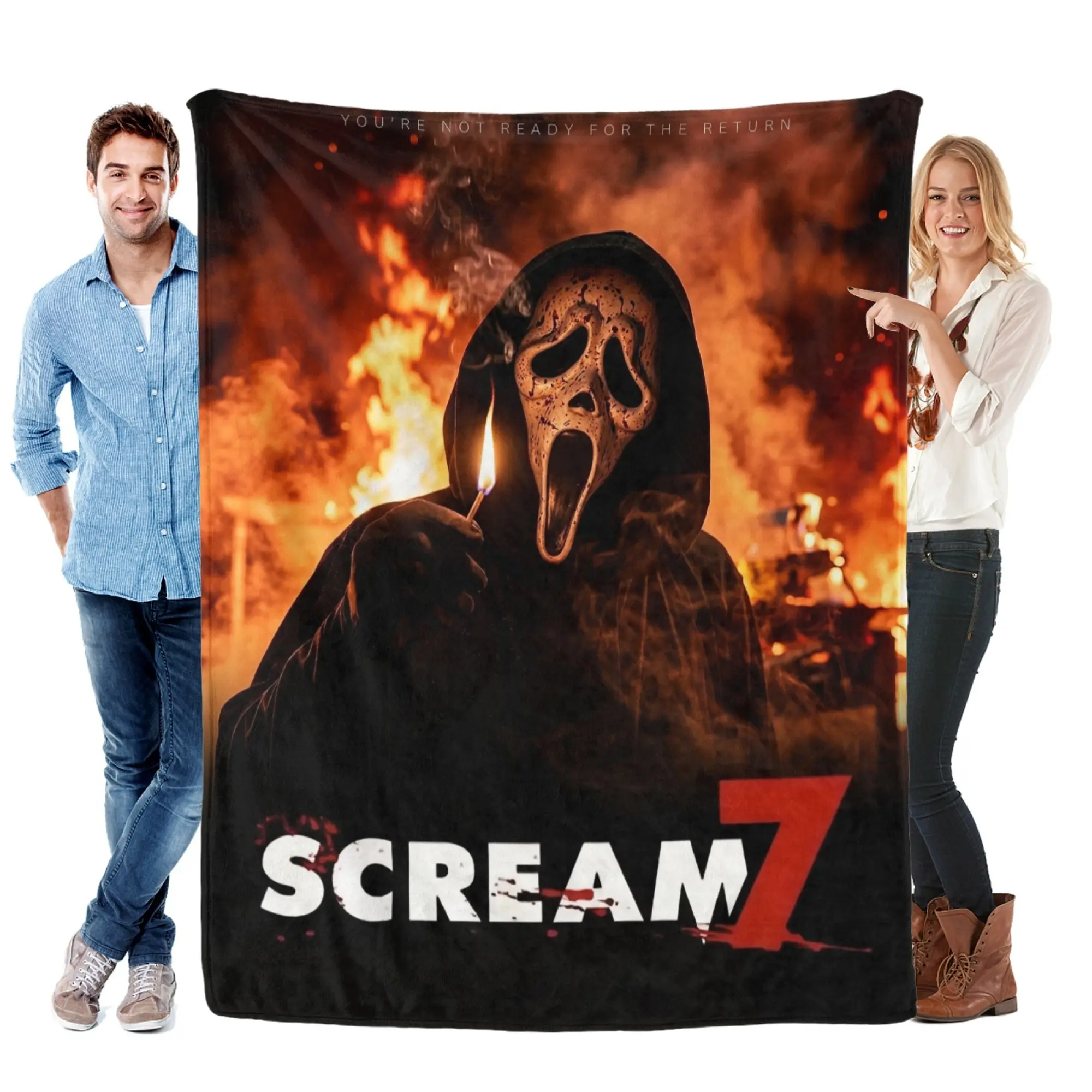 Scream 7 Fiery Ghostface Flannel Blanket - Horror Movie Throw with Iconic Burned Ghostface Mask, Fiery Background, Ultra-Soft Cozy Fabric, Ghost Decor, All Season Blanket for Horror Fans, Gifting