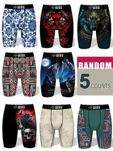 RANDOM-5PCS,Men's Long Brief Underwear Set, Moisture-Wicking, Anti-Chafing, Quick-Dry, Sporty, Halloween Prints, Comfortable, Stretchy Boxer Briefs, All Seasons
