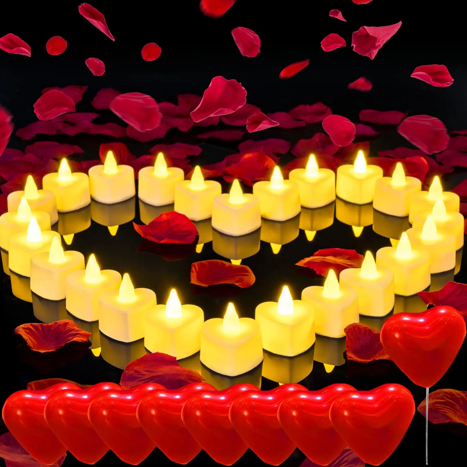 Festive & Wedding Decoration Kit - 1000 Artificial Rose Petals, 30 Burgundy Heart Balloons, 24 Battery Candles for Valentines Day Proposal, Anniversary Table Decor to Create Memorable Experience, 1000Pcs