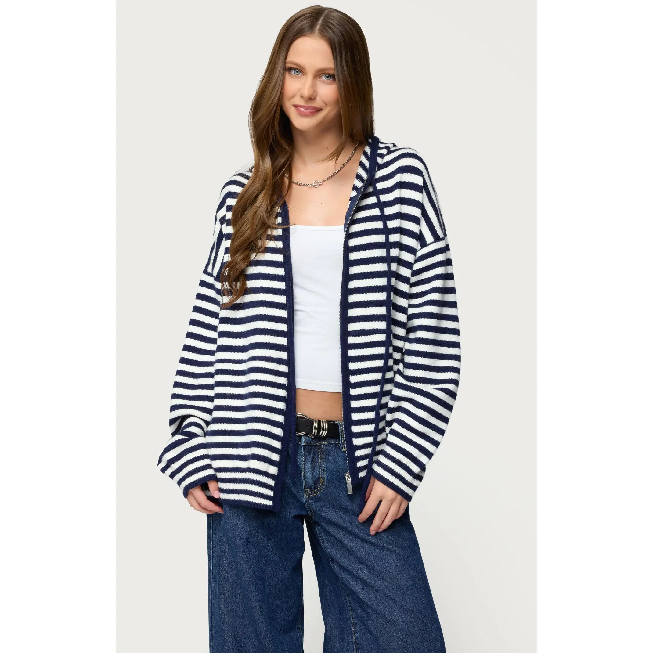Edikted Women's Safari Striped Knit Zip Up Hoodie