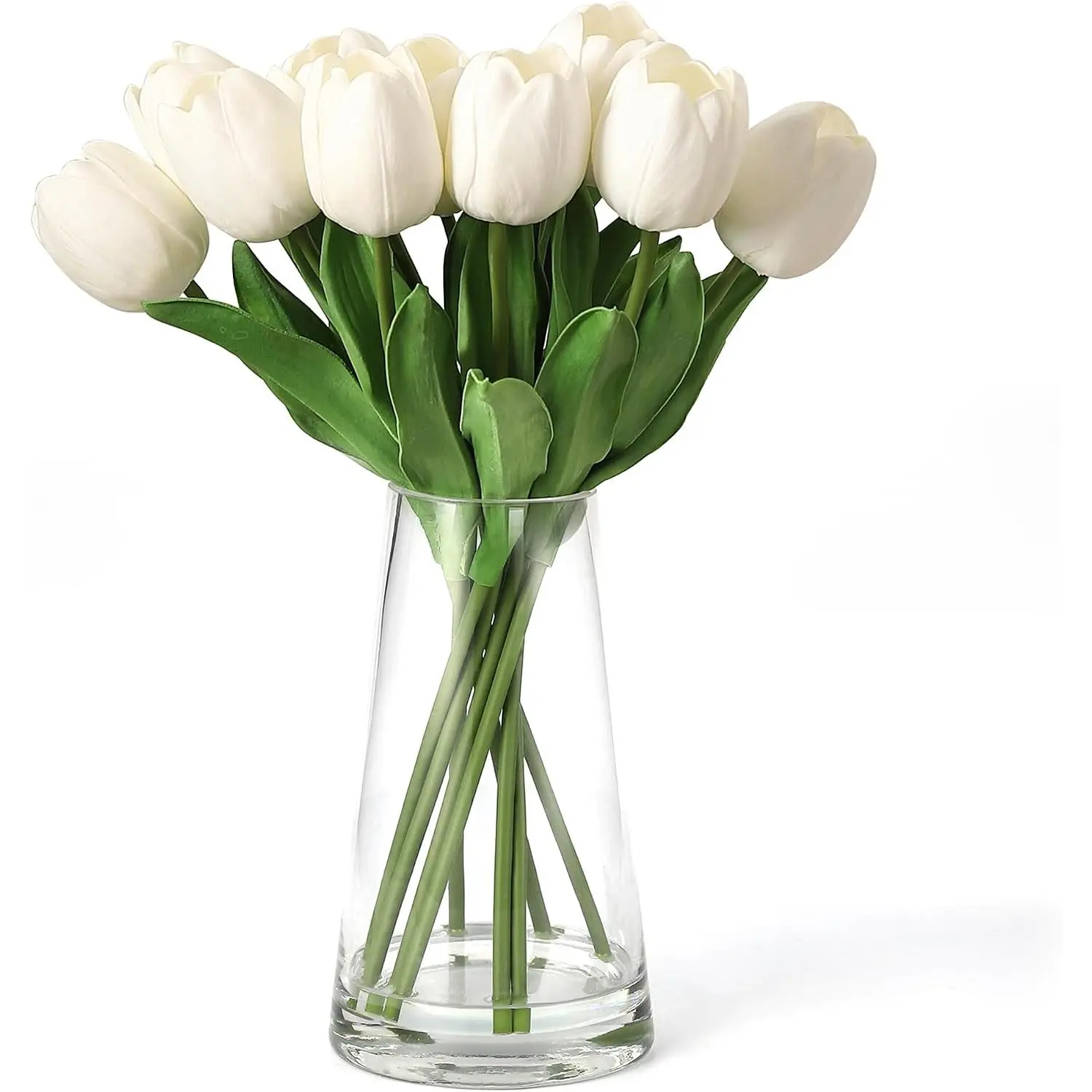 Garvee Decorative White Silk Tulips Bouquet - Artificial Tulip Arrangement in Glass Vase with Realistic Water - Elegant Floral Centerpiece for Home, Wedding Decor, Set