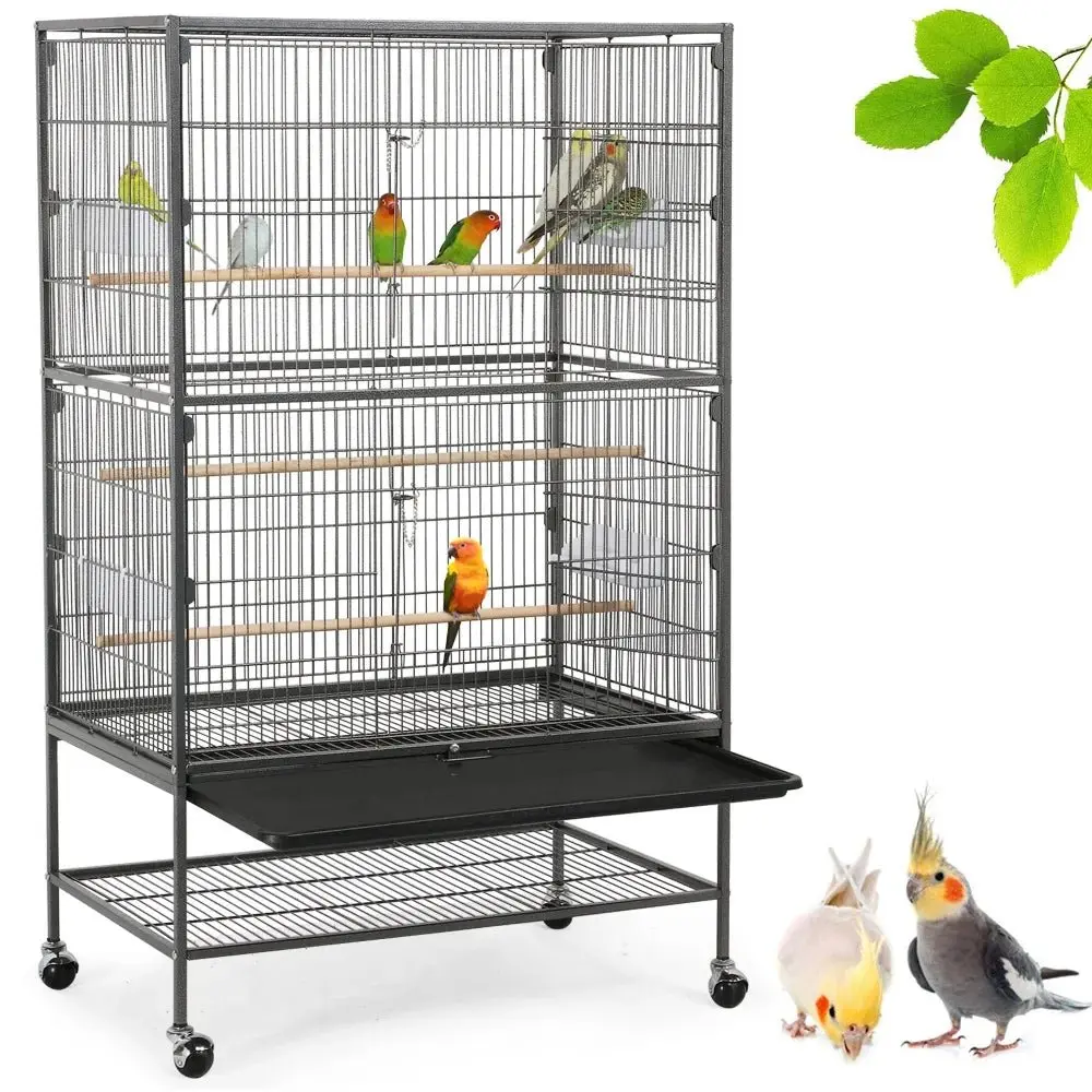52''H Metal Rolling Bird Cage with 3 Perches & 4 Feeders & Extra Storage Shelf Black