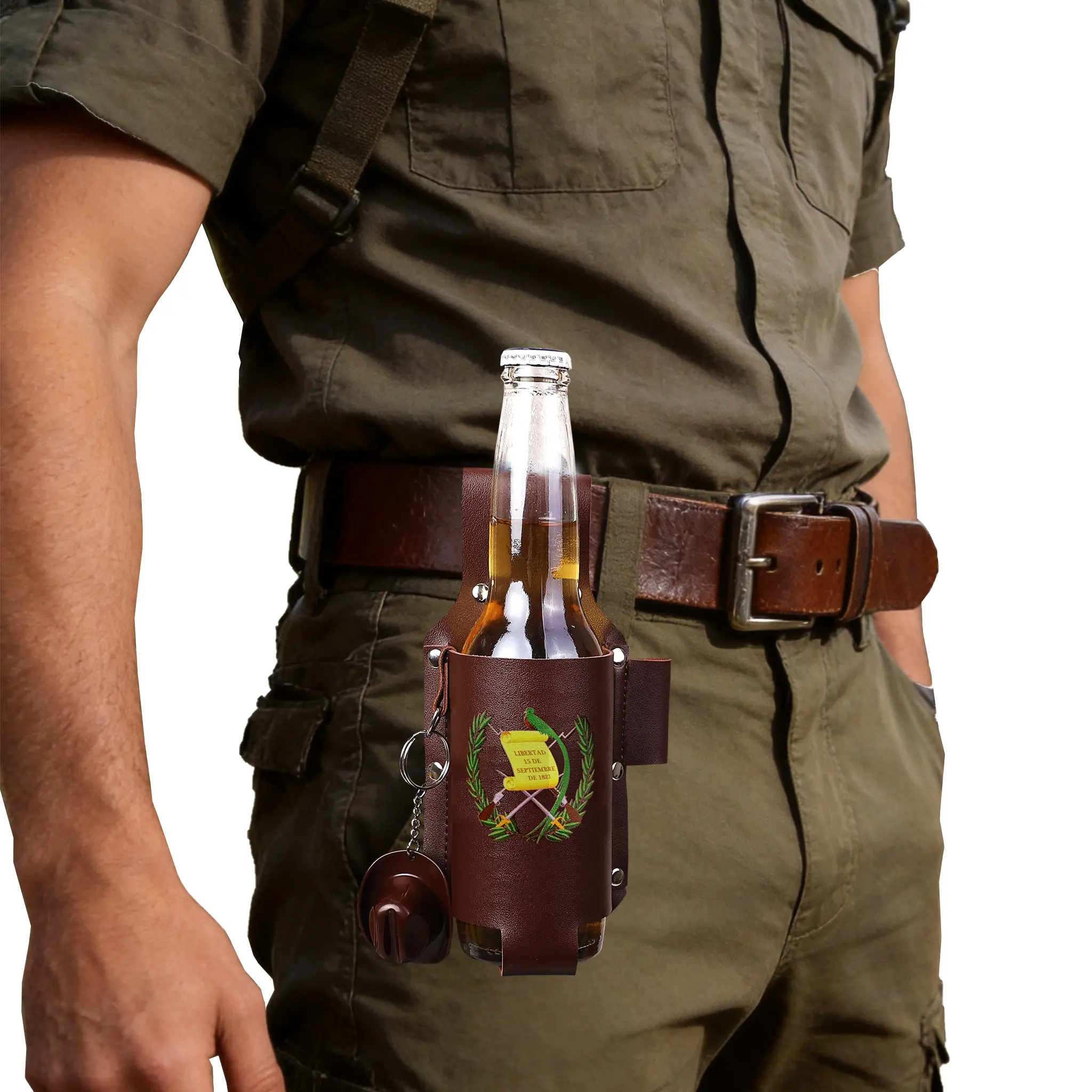 Guatemala Leather Drink Holster with 1x Brown Cowboy Hat Opener - Rugged Brown Heritage Chapín Pride Belt Holder for 12oz Cans, 12-14oz Glass Bottles, Adults' Birthday/Father’s Day Men’s Gift Set