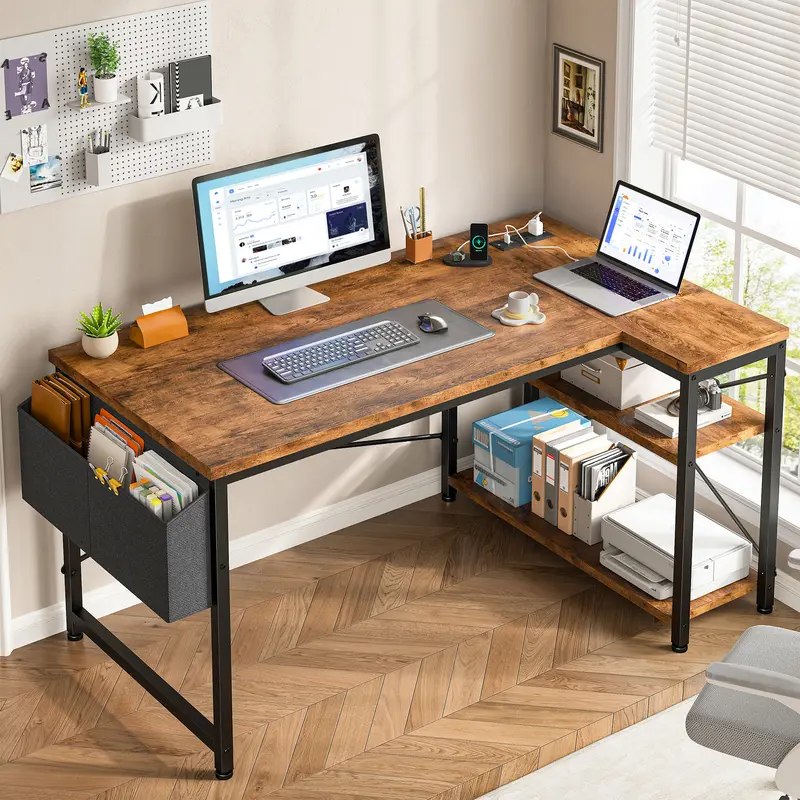 【On SALE-Fall deals for you】Raybee 47‘’ L-Shaped Gaming Desk for small space, Computer Desktop with Power Outlets & USB Ports, Reversible Corner Table, Side Shelves Bag for Home Office Use & Space-saving,Children's Homework Study Desks,Compact Office Desk