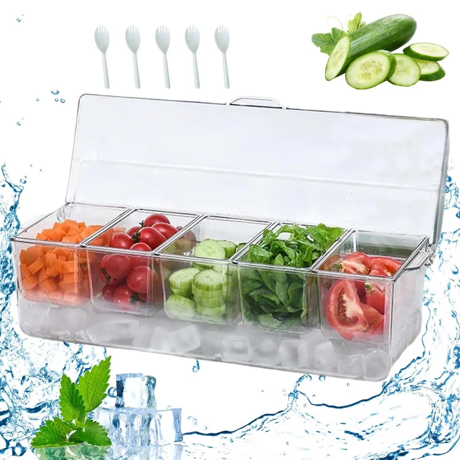 Chilled Condiment Server with Hinged Lid Condiment Tray with Ice Chamber Cooled Compartment Food Containers, Reusable Containers, Plastic Food Storage, Caddy Organizer Removable Dishes for Salad Fruit Cheese Outdoor Party Bar Supplies