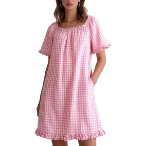 Women's 100% Cotton Gingham Nightgown, Square Neck Sleep Dress with Ruffle Sleeves and Pockets, Loose Fit Loungewear, Nightwear