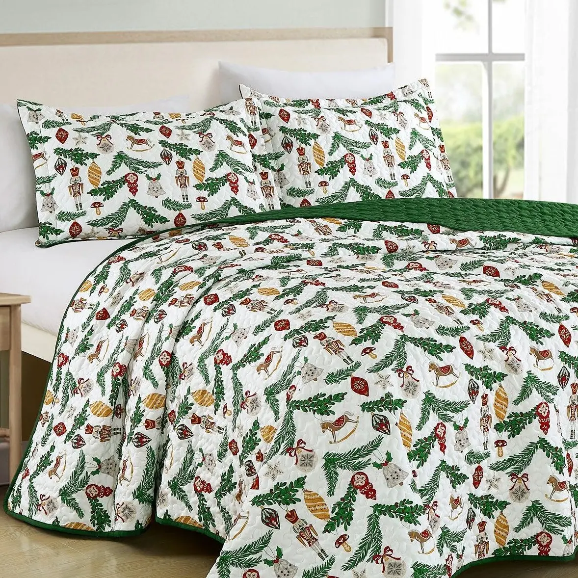 King Size 3-Piece Reversible Flannel Quilt Set - 100% Polyester, Breathable, Durable, Wrinkle-Resistant, Festive Print Bedding, Machine Washable Christmas Home Decor; Queen Size Option with Flat Weave Design