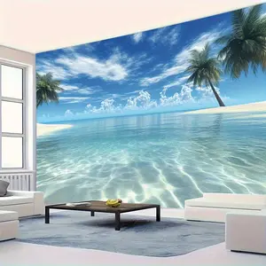 Large Tropical Beach Scenery Tapestry Wall Hanging - Vibrant Palm Trees & Crystal Clear Waters Fantasy Landscape Art, Durable Peach Light Beige Fabric, Horizontal Indoor Decor For Bedroom & Living Room, Easy To Hang & Store, Beach Theme Dec tiktokshopspri