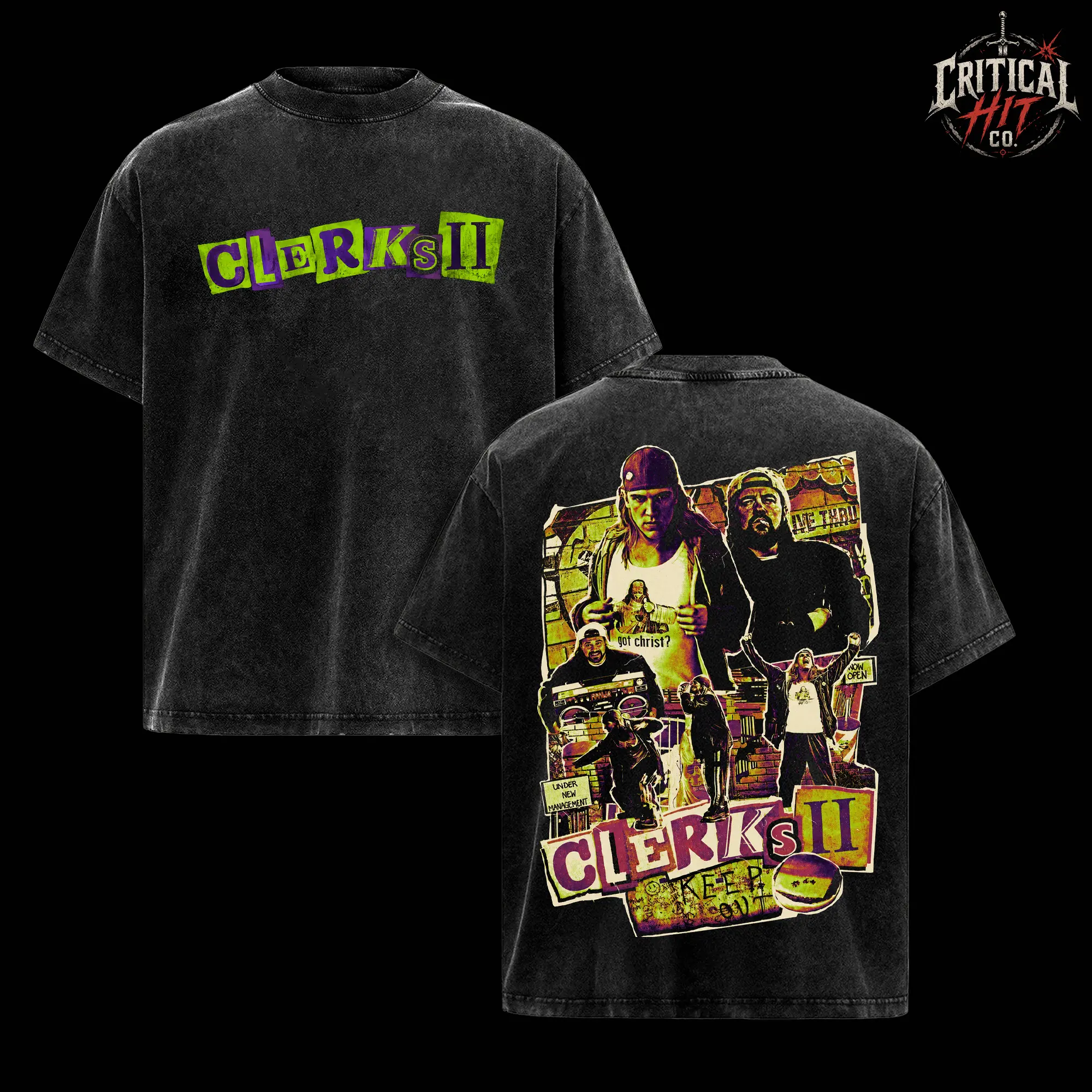 Clerks II Vintage Washed Oversized T-Shirt, Jay and Silent Bob Movie Graphic Tee, Double Sided Heavyweight Cotton Shirt, Kevin Smith Comedy Film Streetwear, Retro Cult Classic Movie Merch, Acid Wash Unisex Fan Gift Tee for Clerks Fans