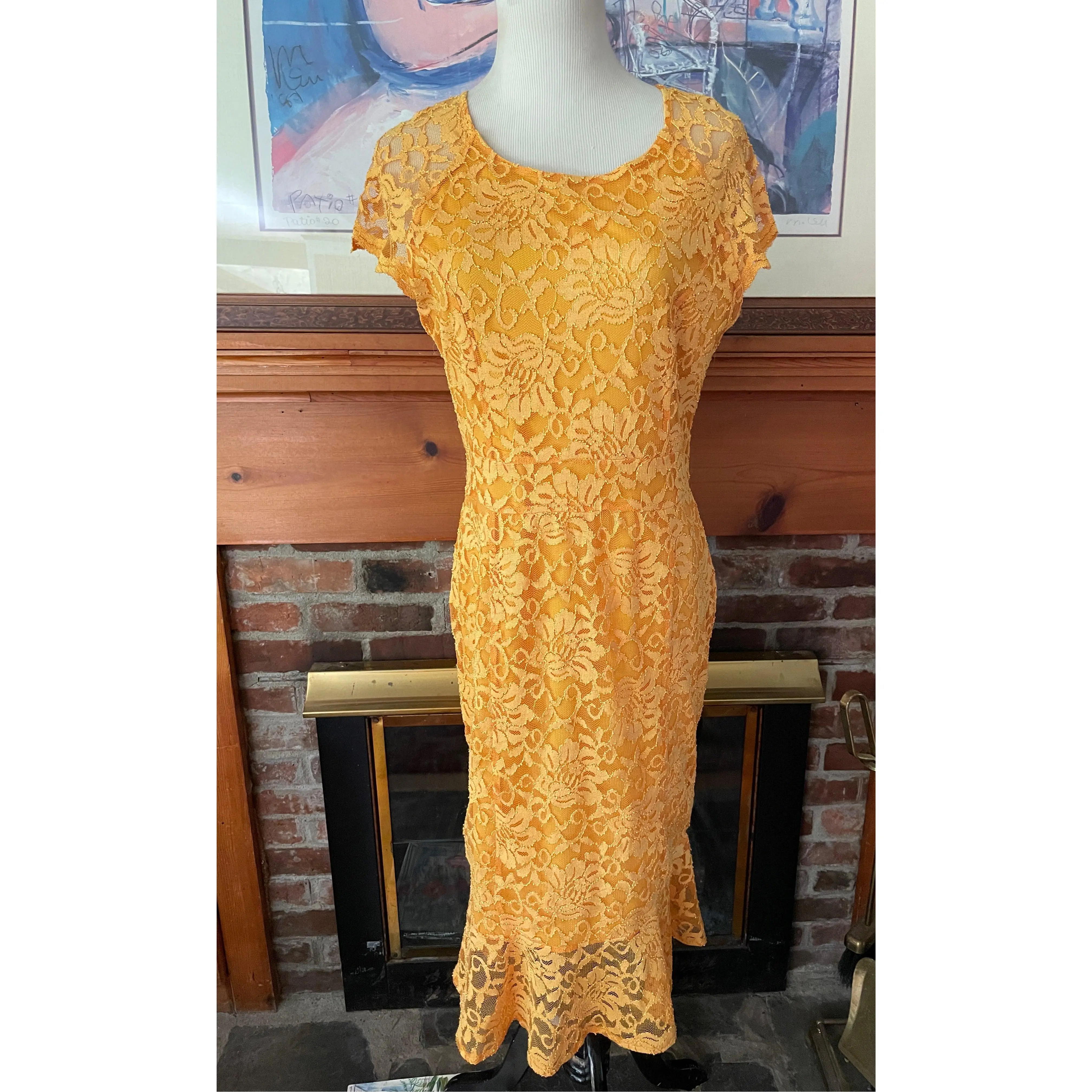 2000s Thalia Sodi Golden Lace Ruffle Midi Dress S