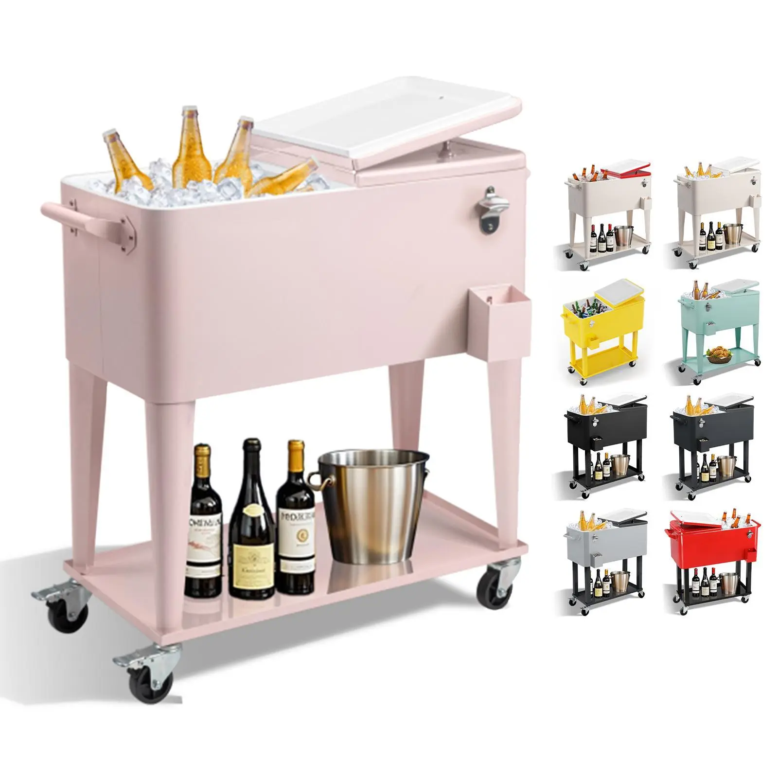 【Summervibes】Ubesgoo 80 Quart Rolling Ice Chest, Portable Bar Beverage Cooler With Catch Basin, Bottom Storage Tray And Bottle Opener For Patio Party BBQ Beach Event, Ice Cubes Can Be Refrigerated For 48 Hours, With Wheels And Drain Pipe