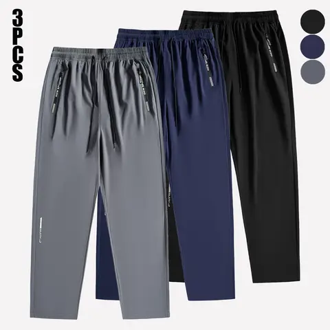 Men’s 3-Pack Loose Wide-Leg Drawstring Joggers, Unisex Cuffed Ankle Track Pants with Zippered Pockets, Elastane Summer Stretch Breathable for Athletic Activities, Cool All-Day Wear Male Clothing Sportswear,sohochic