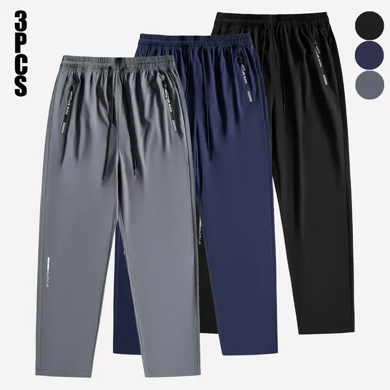 Men’s 3-Pack Loose Wide-Leg Drawstring Joggers, Unisex Cuffed Ankle Track Pants with Zippered Pockets, Elastane Summer Stretch Breathable for Athletic Activities, Cool All-Day Wear Male Clothing Sportswear,sohochic