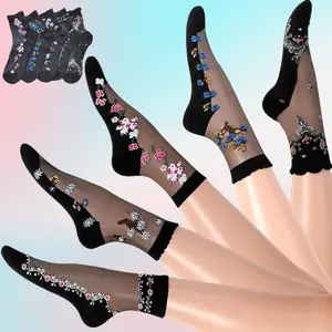 5 Pairs Womens Lace Sheer Socks Ultra Thin Clear Stocking Socks Transparent See Through Ankle Sockz