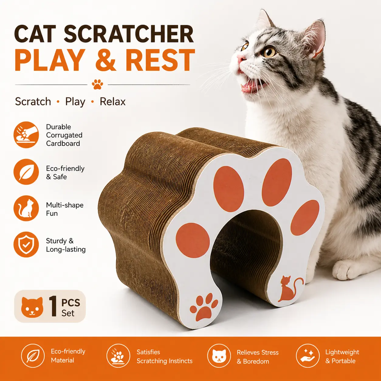 Waithem Kitty Curlz Cardboard Cat Scratching Pad - Magic Organ Interactive Cat Toy, 30cm Wood Grain Model, Recyclable Corrugated Material, Scratch-Resistant Abrasion-Resist, Fold for Space, Abrasion‑Resist Pad
