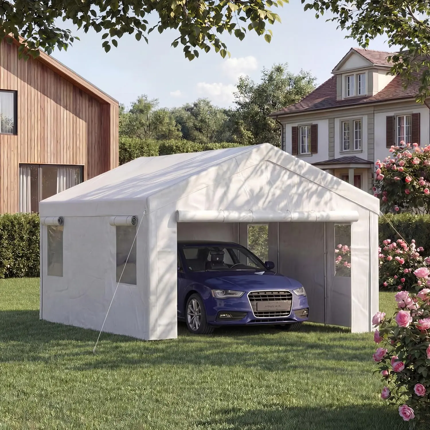 Aoxun Heavy-Duty Portable Outdoor Car Canopy Garage (10'x20/12'x20 Ft, Grey) – Exterior-Grade Shading Canopy with Roll-Up Windows, Removable Sidewalls, Doors, All-Weather Waterproof UV-Resistant Tarp for Car, Boat, Exterior-Grade Canopies