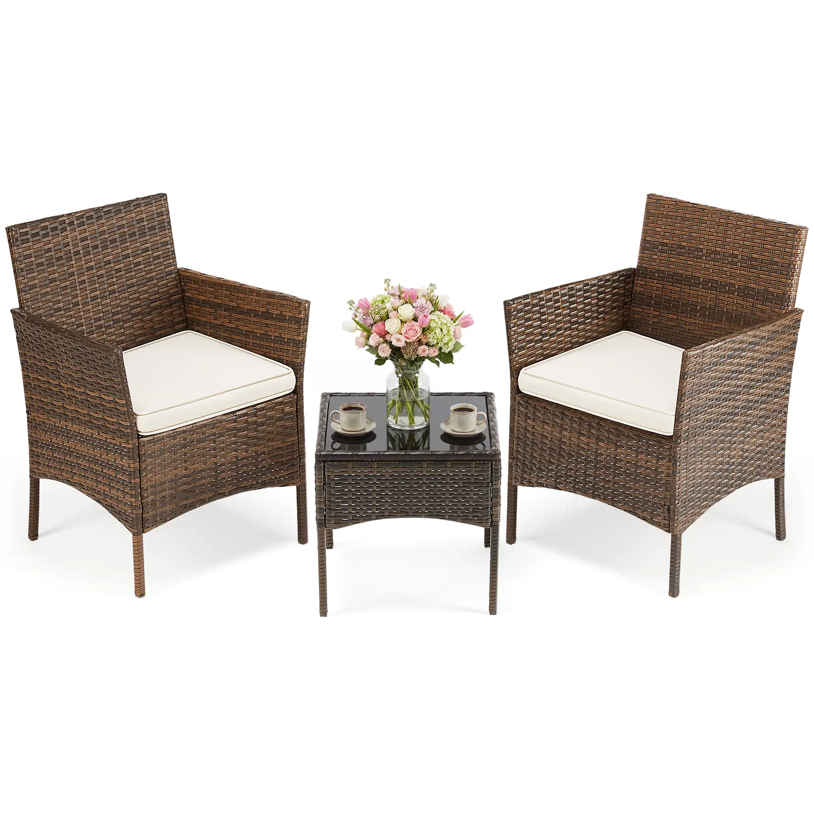3-Piece Patio Furniture Set, All-Weather Outdoor Wicker Chairs with Removable Cushions & Tempered Glass Table, Small Bistro Set for Porch, Balcony, Lawn, Backyard, Brown
