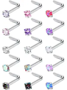 Hypoallergenic Nose Rings Set, 15 Pcs 18g & 20g Stainless Steel, L-Shaped Screw Studs with Artificial Zircon Cz Stones, Unisex Body Jewelry, Nose Piercings Kit